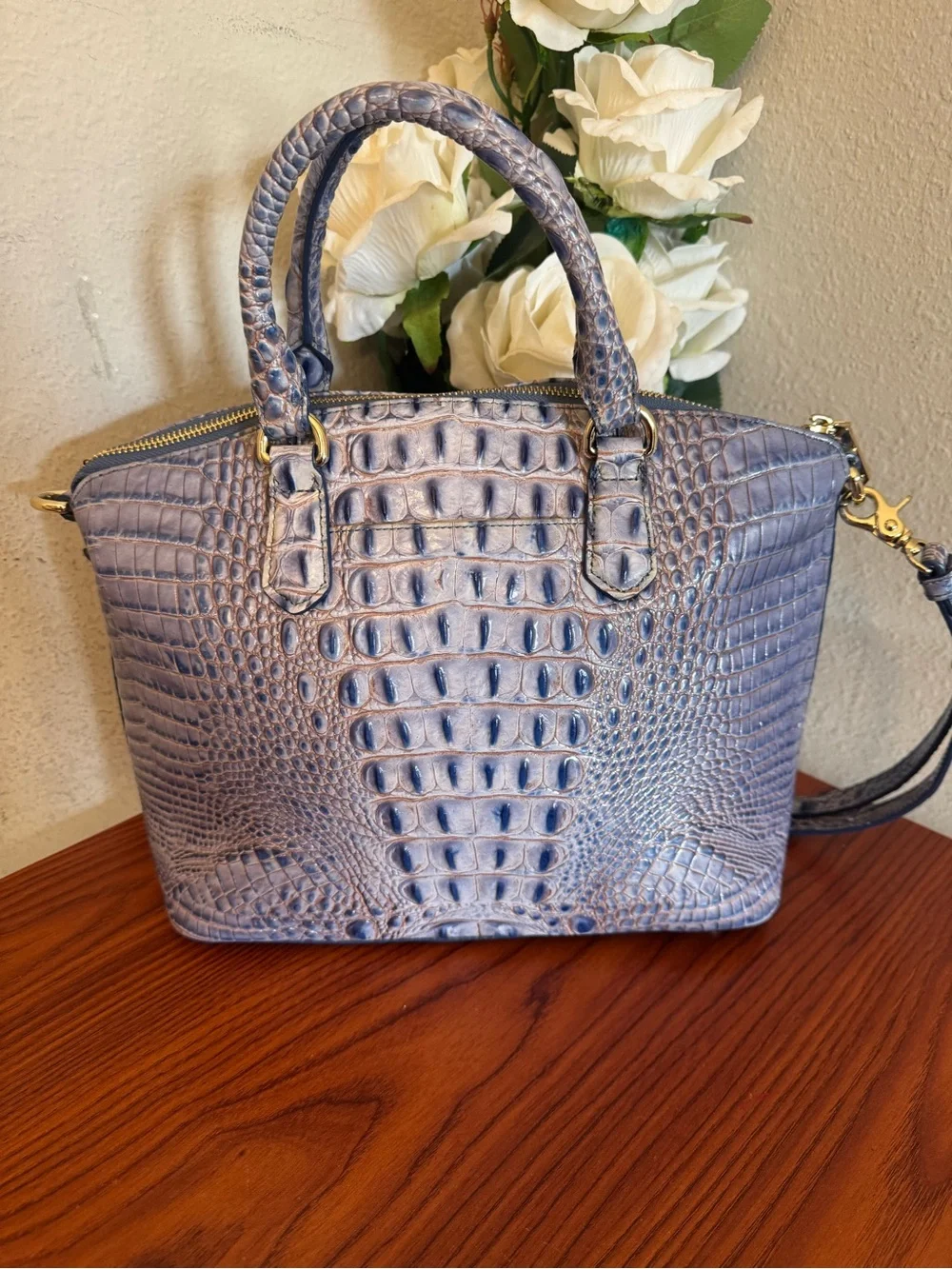 Brahmin Lavender Croc-Embossed Satchel with Removable Strap